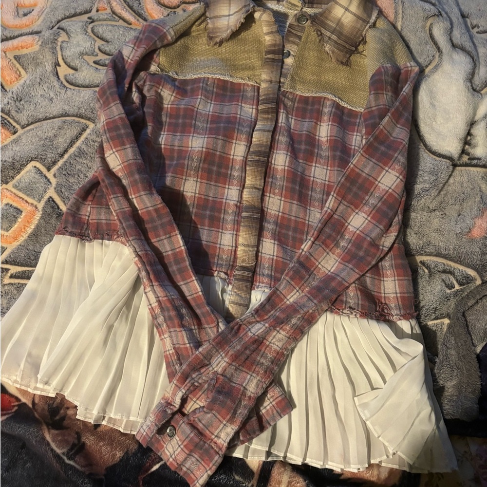 Free People Plaid Button-Up Blouse with Cream Pleated Hem